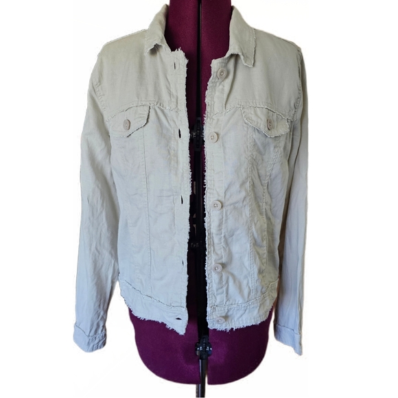 Nicole Miller Cream Linen Jacket with Classic Distressed Denim Style - Picture 1 of 16